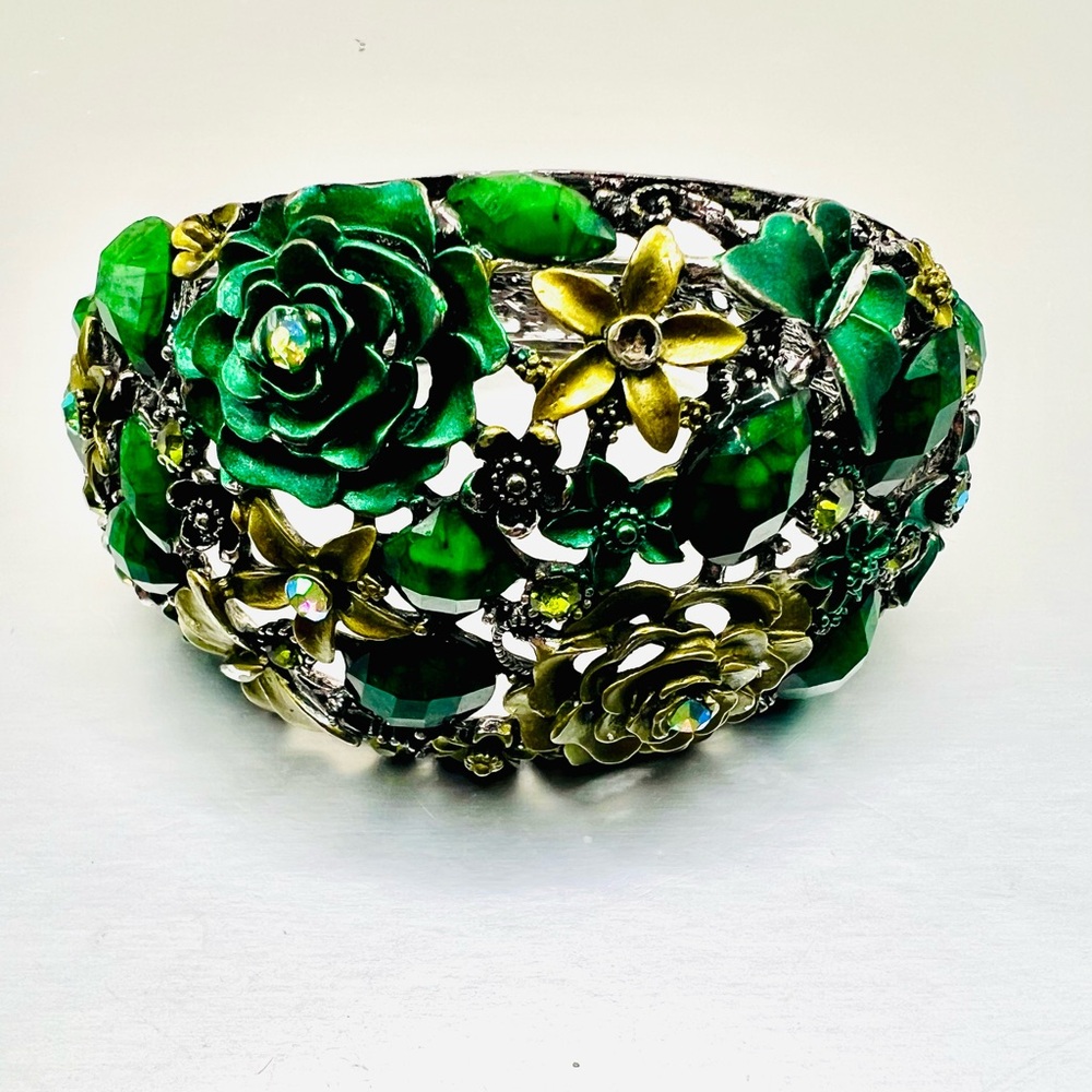 Vintage Green and Gold Floral Clamper Bracelet.